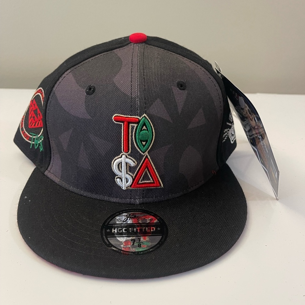 Black and Gray Fitted Hat with Red and Green Embroidery
